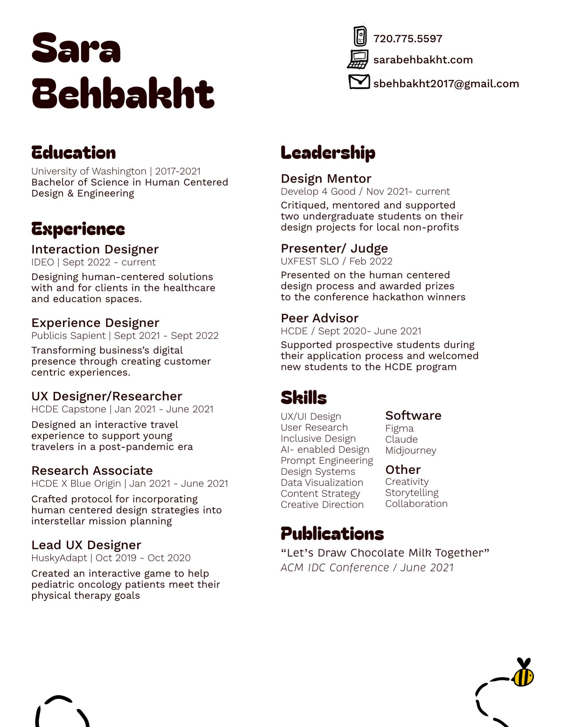 Screenshot of Sara Behbakht's one-page resume, listing education, experience, leadership, skills, and publications